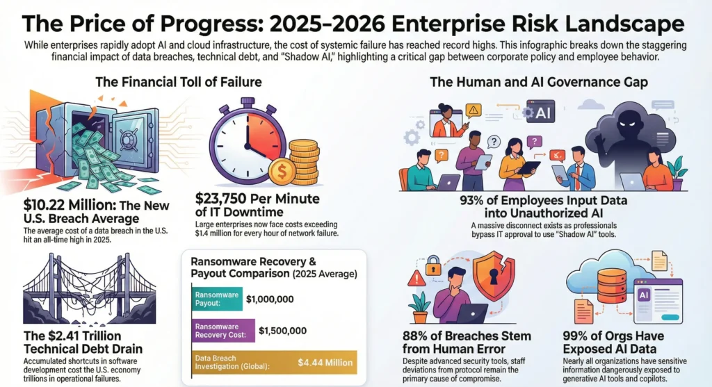 Infographic illustrating the financial and operational risks of data breaches, technical debt, and the human and AI governance gap in enterprises for 2025–2026. Key stats include the average U.S. data breach cost of $10.22 million, $23,750 per minute of IT downtime, and $2.41 trillion technical debt. It also highlights human error as a leading cause of breaches, with 93% of employees using unauthorized AI tools and 99% of organizations exposing AI data.