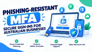 Informational infographic titled "Phishing-Resistant MFA: Secure Sign-Ins for Australian Businesses," featuring 3D illustrations of a laptop with a passkey sign-in screen, a smartphone with a security lock, a hardware security key, and four key benefits listed at the bottom: Stops Credential Phishing, Protects Admin Accounts, Essential Eight Aligned, and Safer Microsoft 365.