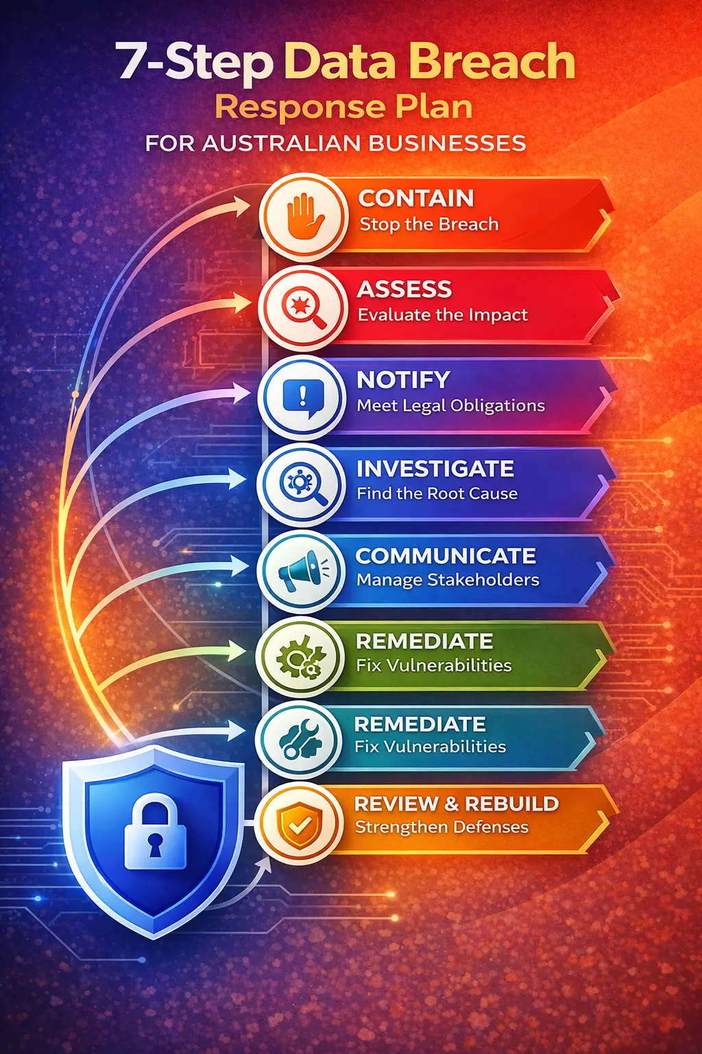 Infographic outlining a 7-step data breach response plan for Australian businesses: Contain, Assess, Notify, Investigate, Communicate, Remediate, Review & Rebuild, with colorful icons for each step.