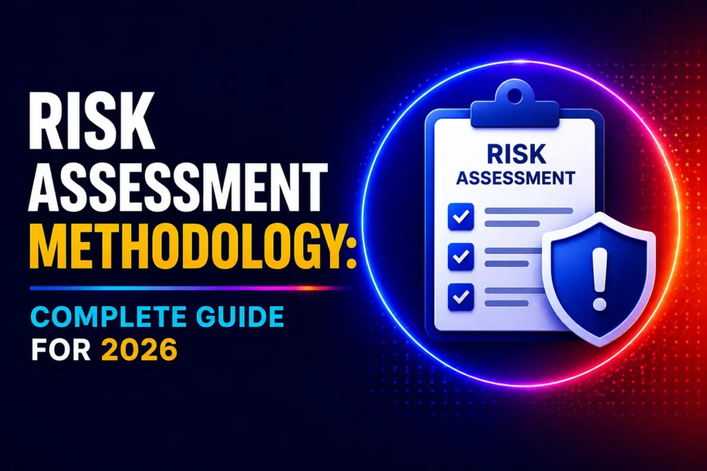 Illustration of a risk assessment methodology guide featuring a checklist clipboard, security shield icon, and neon blue-red digital background with the text "Risk Assessment Methodology: Complete Guide for 2026."