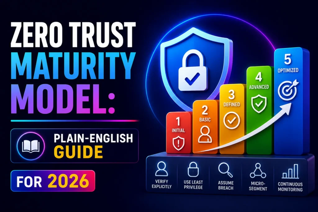 Dark-themed cybersecurity infographic titled “Zero Trust Maturity Model” showing a 5-level progression from 1 (Initial) to 5 (Optimized). Each stage is represented by rising colored bars with icons for risk, users, checks, shields, and targets, with an upward arrow indicating improvement. A large shield with a lock symbol represents security at the center. Supporting text highlights principles like verify explicitly, use least privilege, assume breach, micro-segmentation, and continuous monitoring, presented as a plain-English guide for modern cybersecurity maturity.