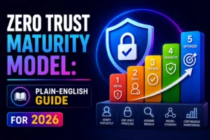 Dark-themed cybersecurity infographic titled “Zero Trust Maturity Model” showing a 5-level progression from 1 (Initial) to 5 (Optimized). Each stage is represented by rising colored bars with icons for risk, users, checks, shields, and targets, with an upward arrow indicating improvement. A large shield with a lock symbol represents security at the center. Supporting text highlights principles like verify explicitly, use least privilege, assume breach, micro-segmentation, and continuous monitoring, presented as a plain-English guide for modern cybersecurity maturity.
