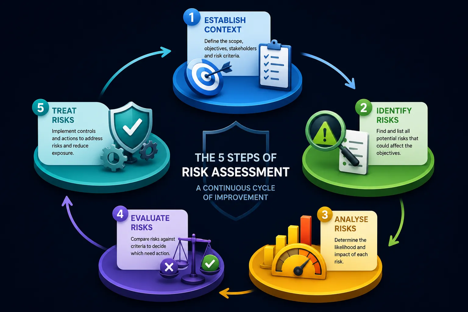 Infographic illustrating the five steps of risk assessment: establish context, identify risks, analyze risks, evaluate risks, and treat risks in a continuous improvement cycle.