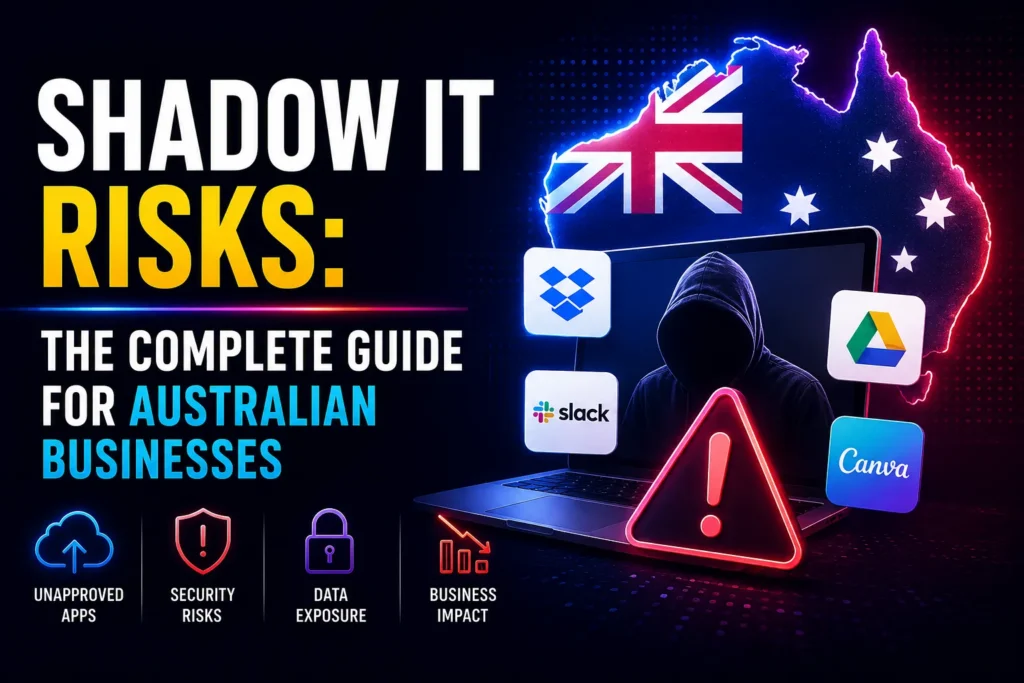 Dark-themed cybersecurity poster showing a hooded hacker on a laptop in front of a glowing outline map of Australia, surrounded by app icons like Slack, Dropbox, Google Drive, and Canva, with warning symbols highlighting unapproved apps, data exposure, security risks, and business impact, illustrating the dangers of shadow IT for businesses.