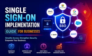 An infographic illustrating Single Sign-On (SSO) for businesses. A central shield labeled "SSO" connects to various platforms including Microsoft 365, Google Workspace, AWS, Salesforce, Slack, and Zoom. A login screen with username and password is shown. The image emphasizes simplifying access, strengthening security, and empowering businesses. Benefits highlighted at the bottom include Enhanced Security, Improved User Experience, Save Time & Increase Productivity, and Scalable for Business Growth.