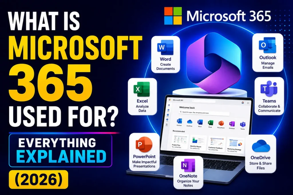 Microsoft 365 overview infographic explaining its uses in 2026, showing Word, Excel, PowerPoint, Outlook, Teams, OneDrive and OneNote with a laptop dashboard interface on a blue tech background.