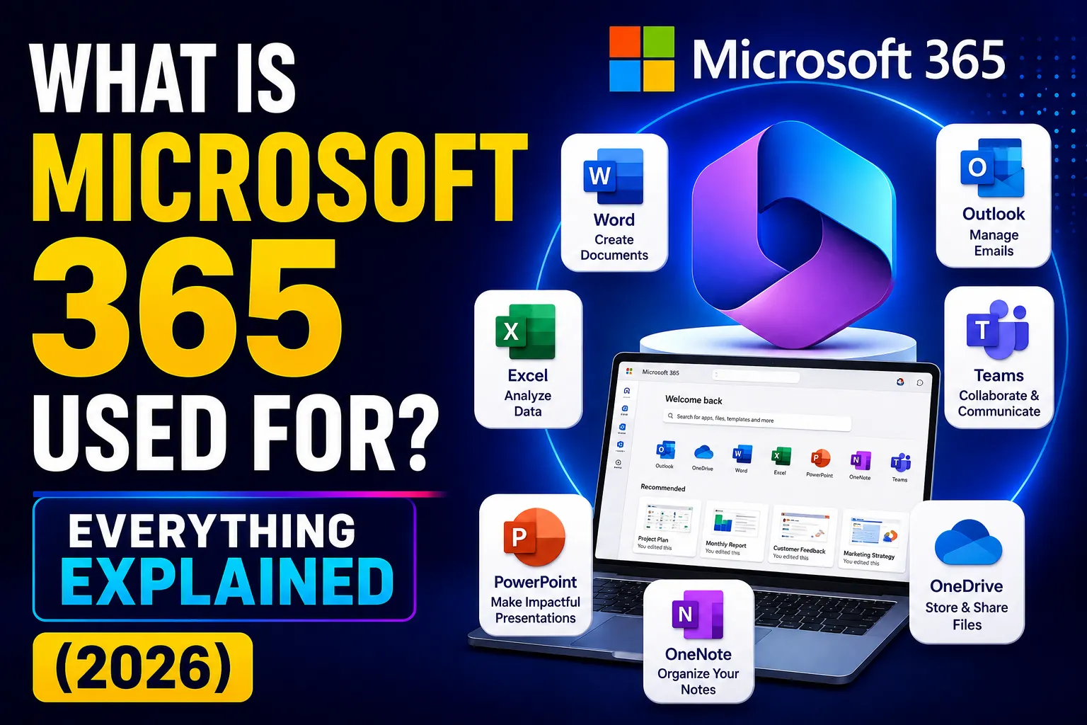 Microsoft 365 overview infographic explaining its uses in 2026, showing Word, Excel, PowerPoint, Outlook, Teams, OneDrive and OneNote with a laptop dashboard interface on a blue tech background.