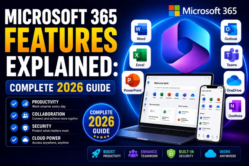 A promotional graphic for Microsoft 365 showing Word, Excel, PowerPoint, Outlook, Teams, OneDrive, and OneNote icons around a central Microsoft 365 logo, with a laptop and mobile phone displaying the Microsoft 365 interface and text highlighting features like productivity, collaboration, security, and cloud access.