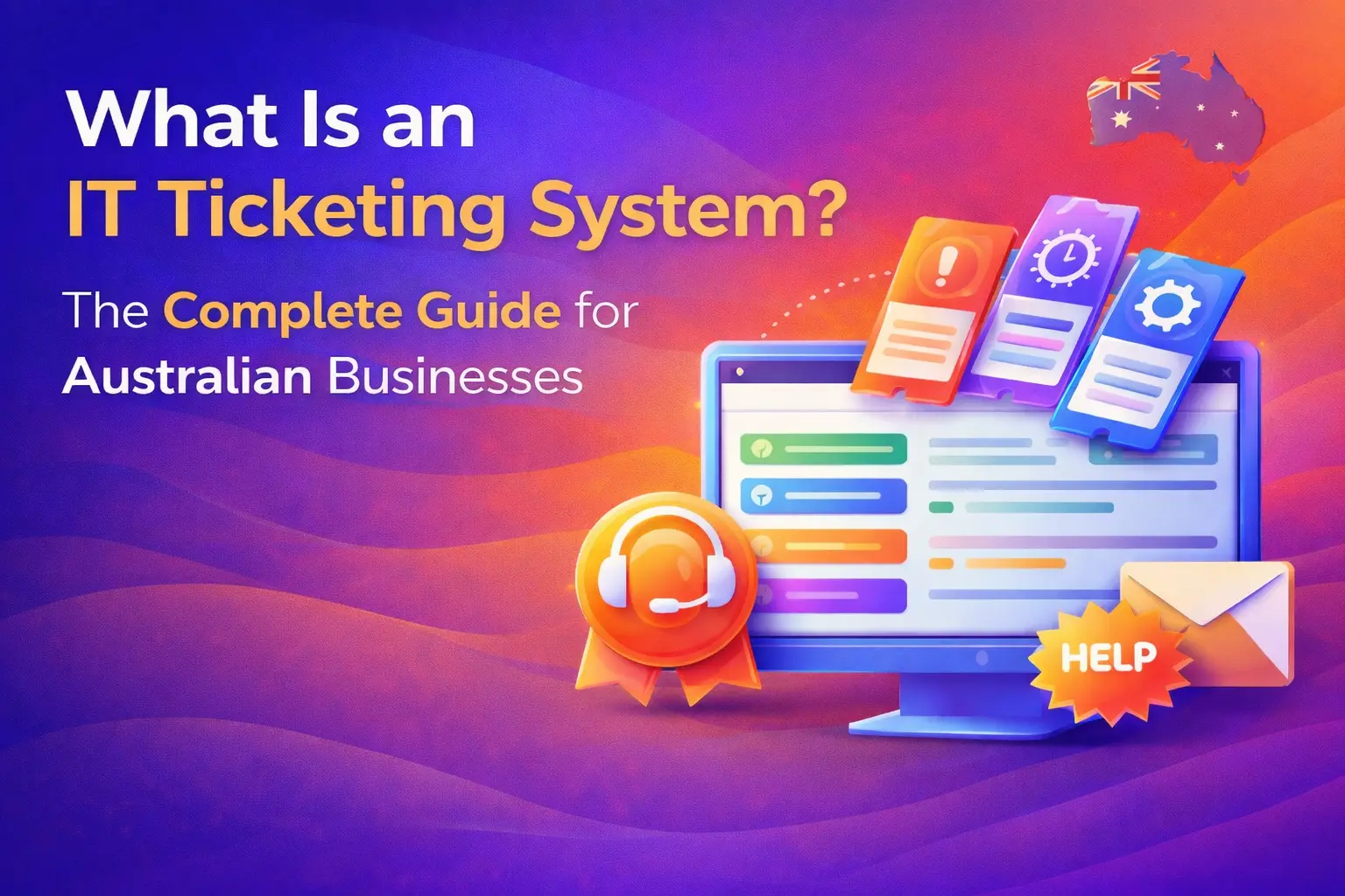 Illustration of an IT ticketing system with a computer screen displaying organized tickets, a help desk headset icon, and an envelope, labeled "The Complete Guide for Australian Businesses."