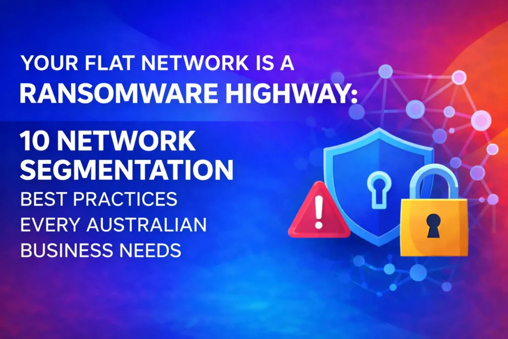 Graphic illustrating that a flat network is vulnerable to ransomware, with text emphasizing "10 Network Segmentation Best Practices Every Australian Business Needs," alongside icons of shields, locks, and warning symbols.