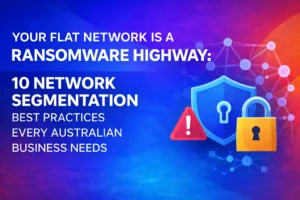 Graphic illustrating that a flat network is vulnerable to ransomware, with text emphasizing "10 Network Segmentation Best Practices Every Australian Business Needs," alongside icons of shields, locks, and warning symbols.