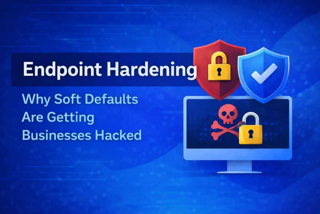 Image highlighting endpoint hardening, showing a computer with a skull-and-crossbones and padlocks, warning that soft defaults can lead to businesses being hacked, accompanied by shield icons.
