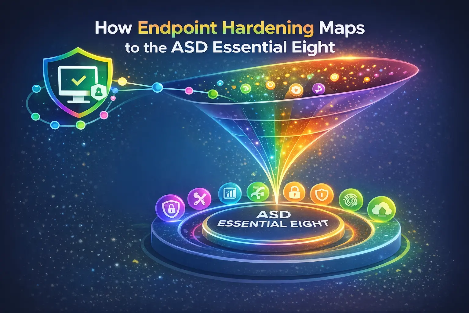 Visual depicting how endpoint hardening maps to the ASD Essential Eight framework, showing a shield-protected computer funneling into eight security icons representing the Essential Eight strategies.