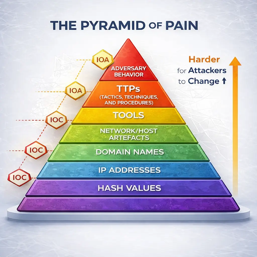 Colorful pyramid chart showing levels from Hash Values, IP Addresses, Domain Names, Network/Host Artefacts, Tools, TTPs, to Adversary Behavior, illustrating difficulty for attackers to change.