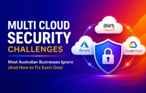 Illustration showing multi-cloud security challenges with AWS, Azure, and Google Cloud logos connected around a shield with a lock, highlighting cybersecurity risks and solutions for Australian businesses.