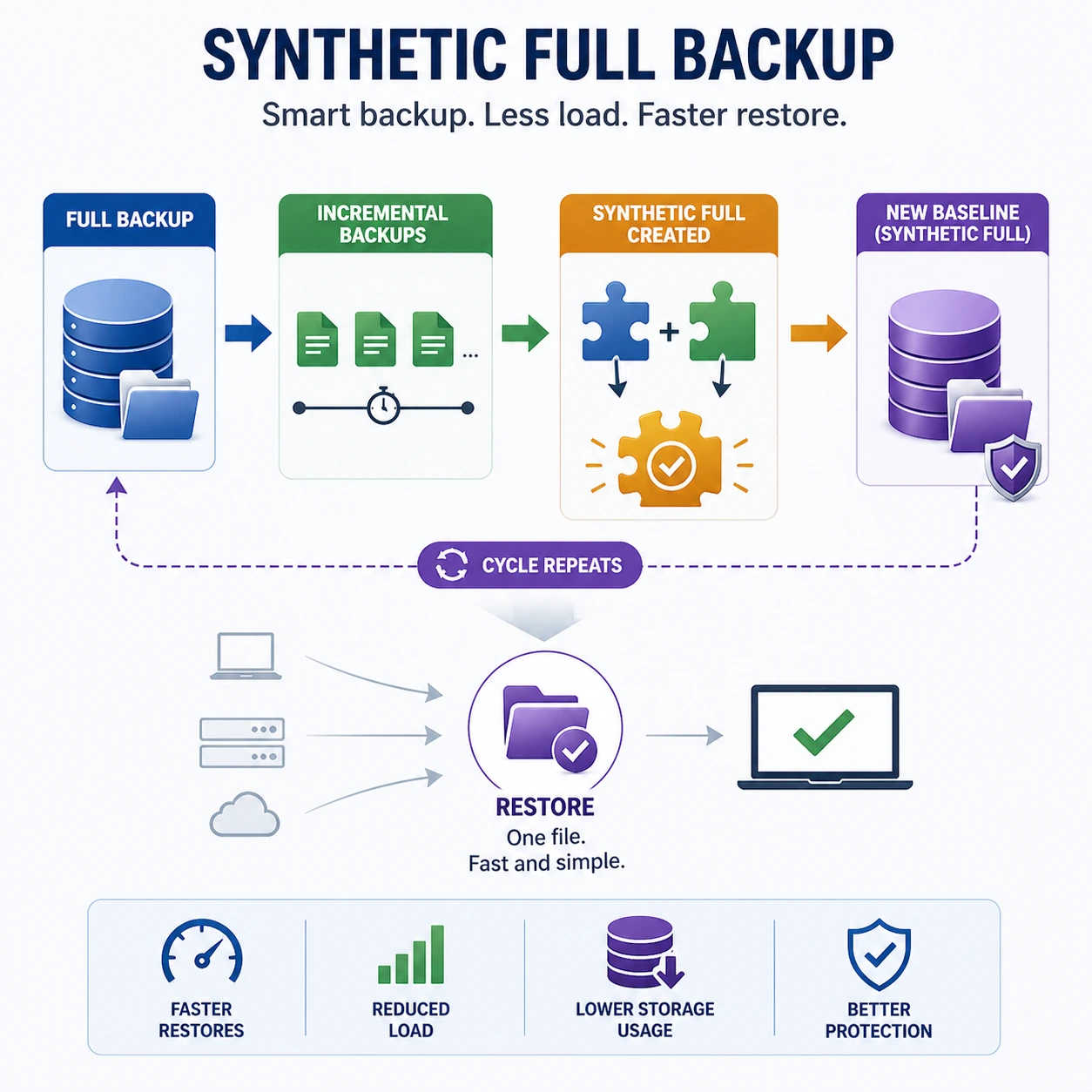 Diagram explaining the synthetic full backup process, showing full backup, incremental backups, creation of a synthetic full backup, and new baseline. Highlights benefits like faster restores, reduced load, lower storage usage, and better protection, with icons for laptops, servers, and cloud storage.