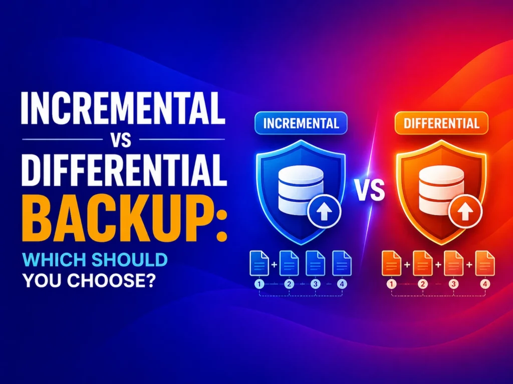 Visual comparison of incremental and differential backups, showing blue shield for incremental backup and orange shield for differential backup, with file icons illustrating how each backup type stores data differently, helping users choose the best backup method.