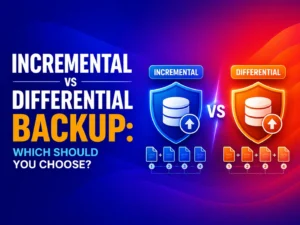 Visual comparison of incremental and differential backups, showing blue shield for incremental backup and orange shield for differential backup, with file icons illustrating how each backup type stores data differently, helping users choose the best backup method.