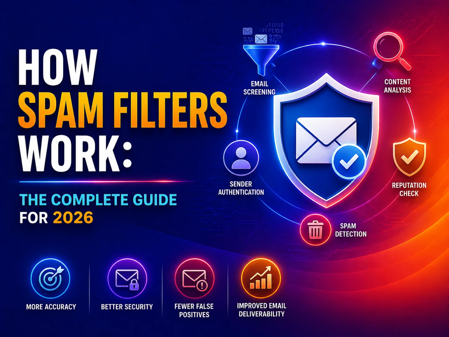 Infographic showing how spam filters protect email, including email screening, sender authentication, content analysis, reputation check, and spam detection, highlighting benefits like more accuracy, better security, fewer false positives, and improved deliverability.