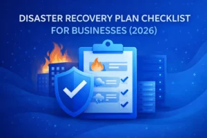 Visual representation of a disaster recovery plan checklist for businesses, featuring a shield, checklist items, and images of buildings and flames.