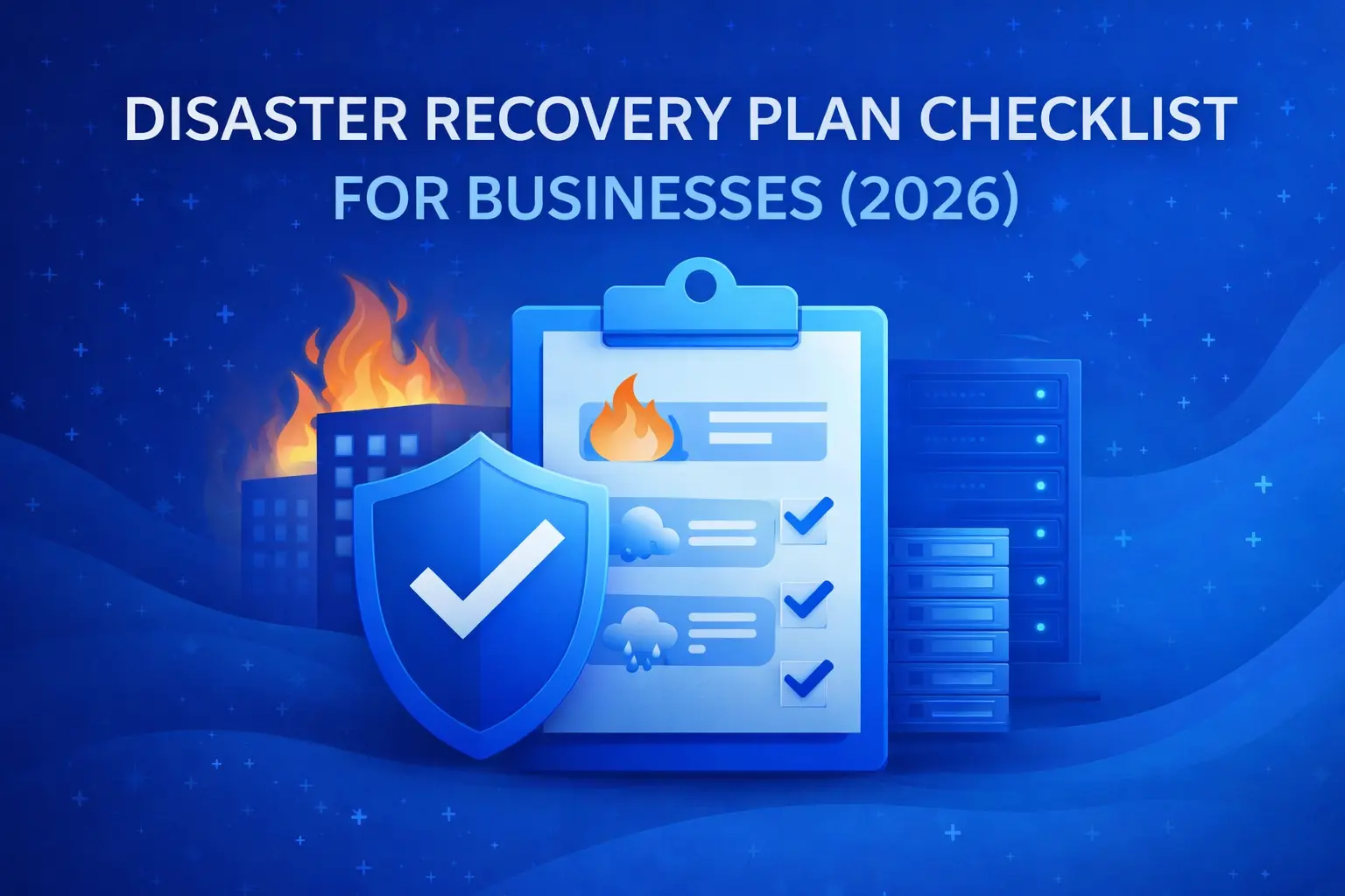 Visual representation of a disaster recovery plan checklist for businesses, featuring a shield, checklist items, and images of buildings and flames.
