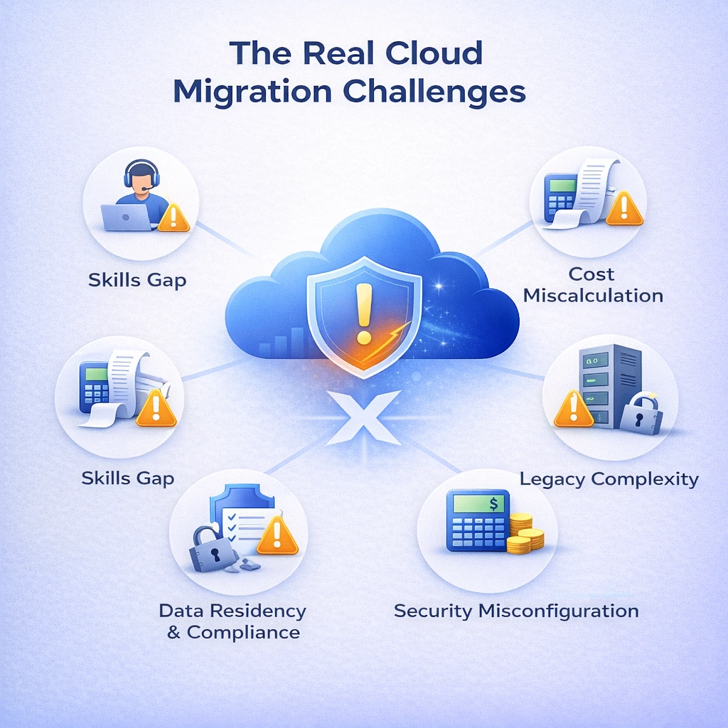 A diagram illustrating the key challenges in cloud migration, including skills gaps, cost miscalculation, legacy complexity, data residency and compliance, and security misconfiguration.