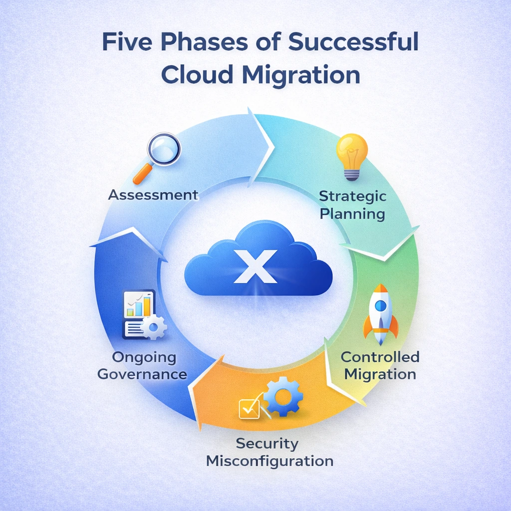 A flowchart showcasing the five phases of cloud migration: assessment, strategic planning, controlled migration, security misconfiguration, and ongoing governance.