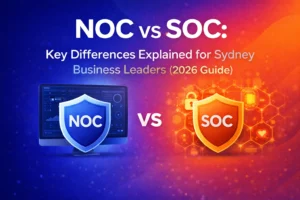 A visual comparison between NOC and SOC with icons representing network monitoring and security, highlighting the key differences for Sydney business leaders in 2026.