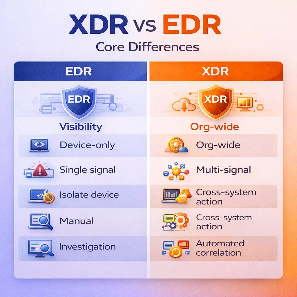 Infographic comparing the core differences between XDR (Extended Detection and Response) and EDR (Endpoint Detection and Response). It highlights key differences in visibility, signals, cross-system actions, and investigation methods between the two security solutions.