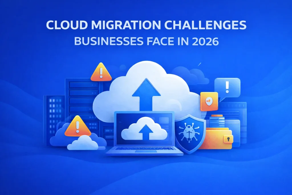 An illustration depicting the challenges businesses face during cloud migration in 2026. The image shows a laptop with an upward arrow pointing to a cloud, surrounded by server racks, warning signs, a security shield with a bug, and cloud storage icons. The visual emphasizes potential risks such as security concerns and data migration difficulties.