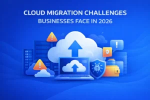 An illustration depicting the challenges businesses face during cloud migration in 2026. The image shows a laptop with an upward arrow pointing to a cloud, surrounded by server racks, warning signs, a security shield with a bug, and cloud storage icons. The visual emphasizes potential risks such as security concerns and data migration difficulties.