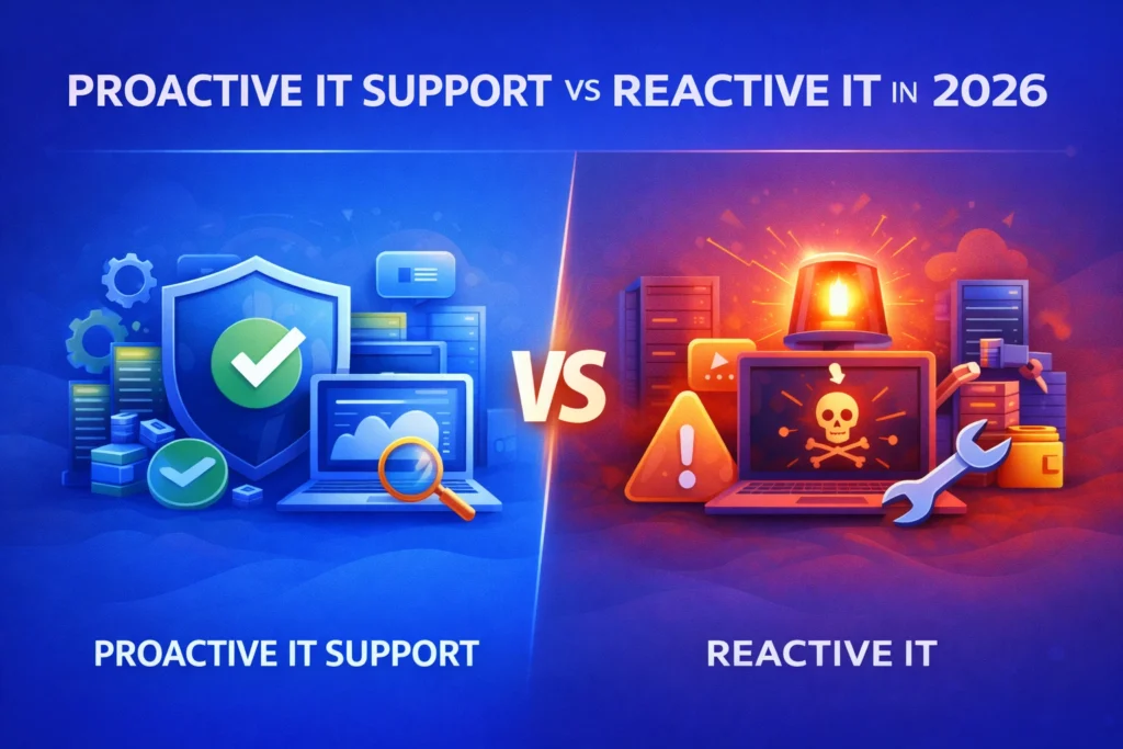 A comparison of proactive IT support and reactive IT, illustrated with a shield and checkmarks on the proactive side and warning signs and a damaged laptop on the reactive side.