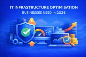 A graphic representing the key aspects of IT infrastructure optimization, with a focus on security, performance, and analytics tools. The image showcases servers, shields, and charts to symbolize IT improvements businesses need for 2026.