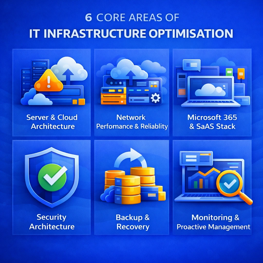 A visual representation of six key areas of IT infrastructure optimization, including server and cloud architecture, network performance, Microsoft 365 stack, security, backup, and monitoring. Each area is represented with icons and graphics highlighting their importance.
