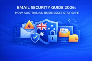 A visually engaging graphic illustrating email security for Australian businesses in 2026. The image features various icons including a warning symbol, an envelope with a security shield, the Australian flag, a padlock, and a computer monitor showing a phishing email, symbolizing the importance of email security in preventing cyber threats.