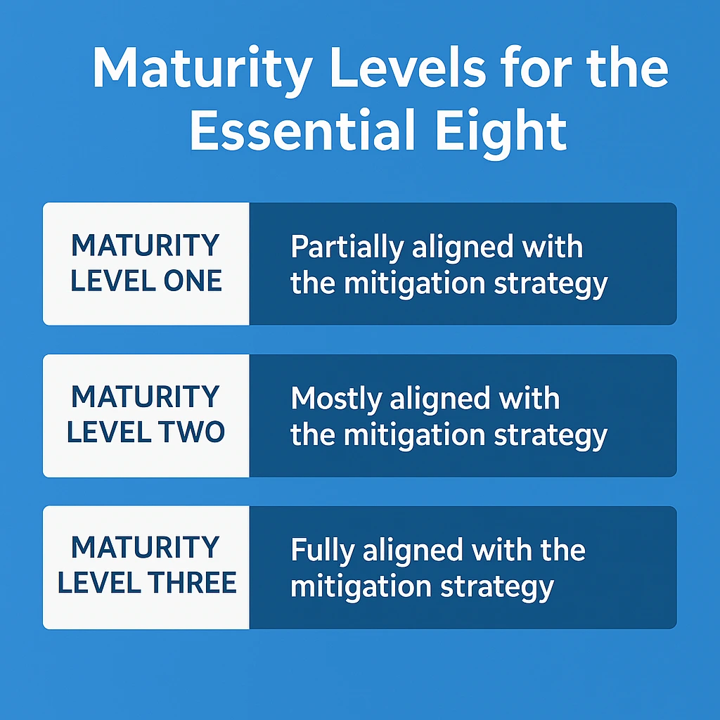 Graphic listing Maturity Level One, Two and Three definitions for the Essential Eight