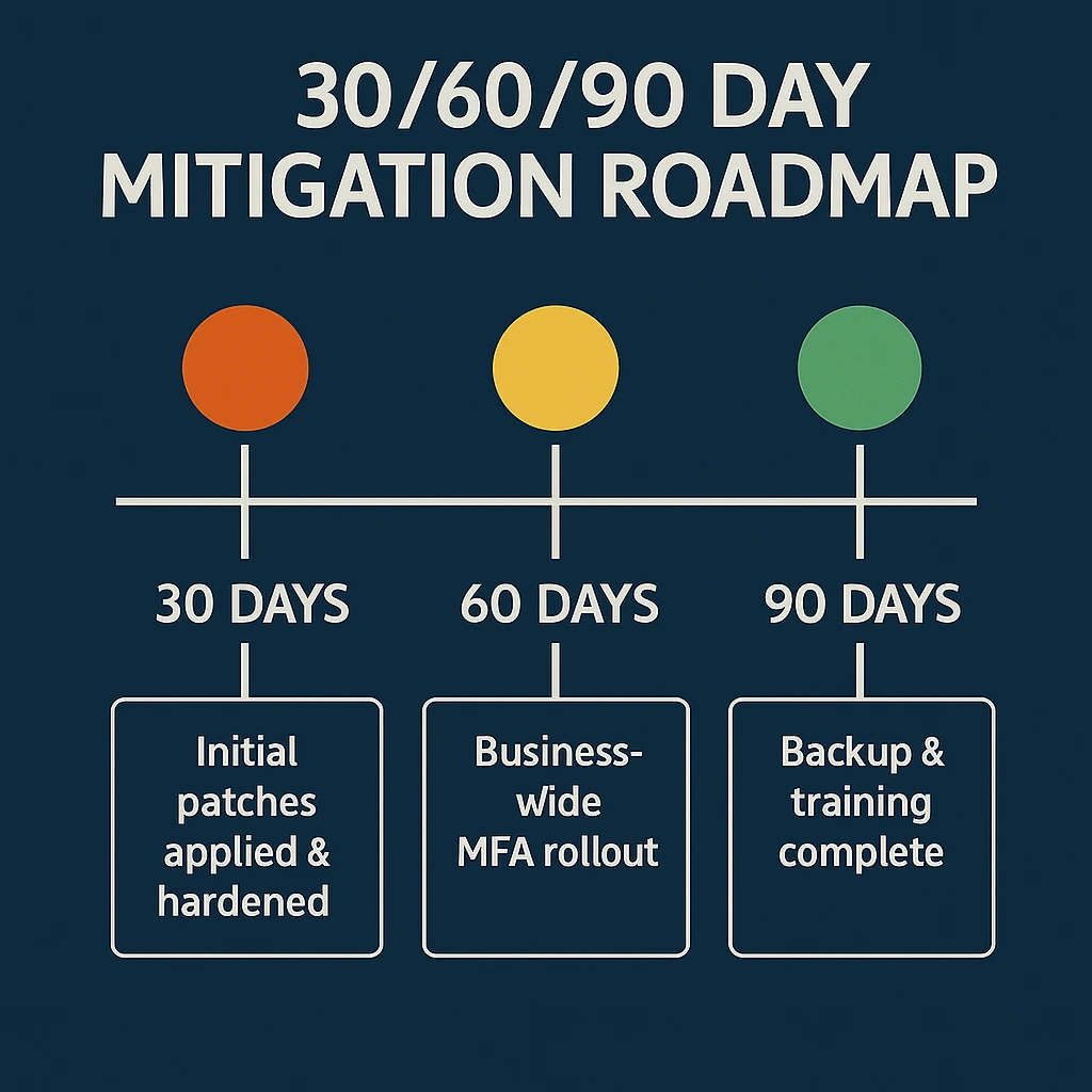 Infographic outlining the 30/60/90 day mitigation roadmap for cybersecurity, with key actions like patching, MFA rollout, and backup completion, highlighted by a color-coded timeline.