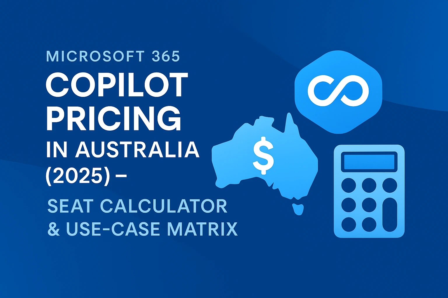 Banner reading ‘Microsoft 365 Copilot Pricing in Australia (2025) – Seat Calculator & Use‑Case Matrix’ with AU map, dollar icon and calculator.