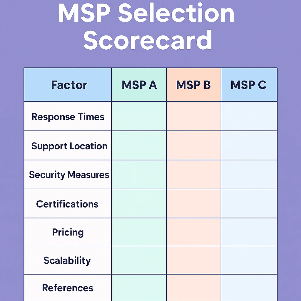 Infographic displaying a Managed IT Provider (MSP) selection scorecard, comparing three MSPs (A, B, and C) based on factors like response times, support location, security measures, certifications, pricing, scalability, and references.