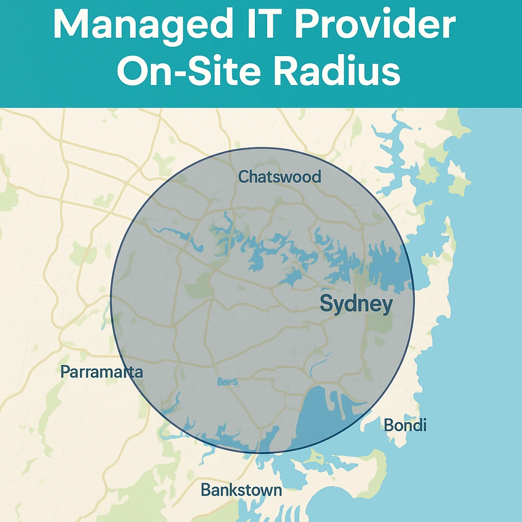 Infographic showing the on-site service radius for Managed IT Providers in Sydney, highlighting key areas such as Chatswood, Parramatta, Bondi, and Bankstown, with Sydney's central location as the hub.
