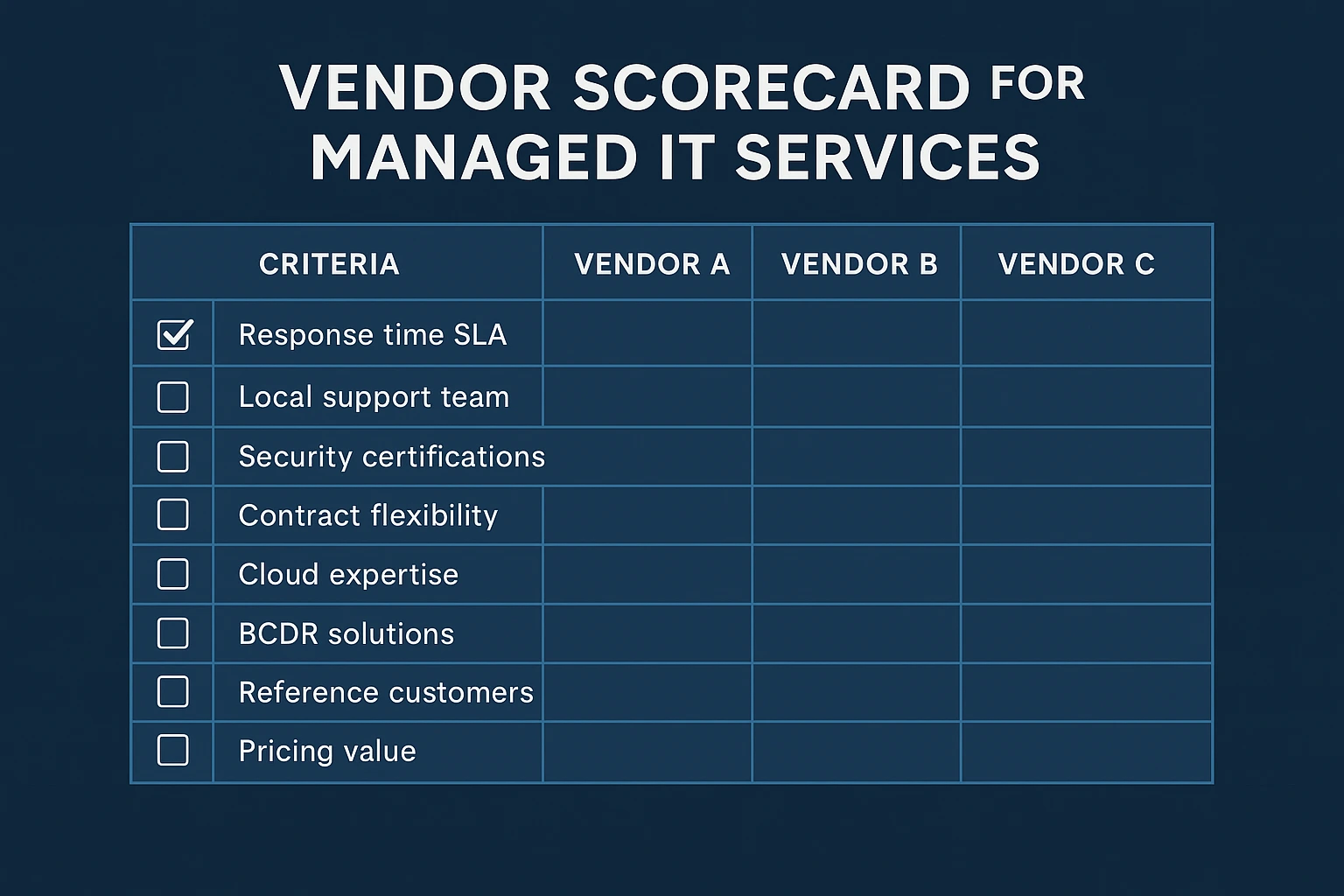 Blank vendor scorecard table listing eight evaluation criteria for Managed IT providers