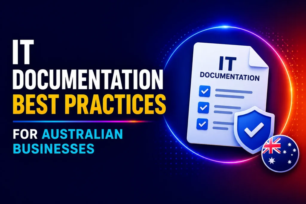 Digital illustration showing a checklist-style IT document with a shield icon and the Australian flag. Represents best practices for IT documentation, emphasizing secure, organized, and efficient record-keeping for Australian business operations.