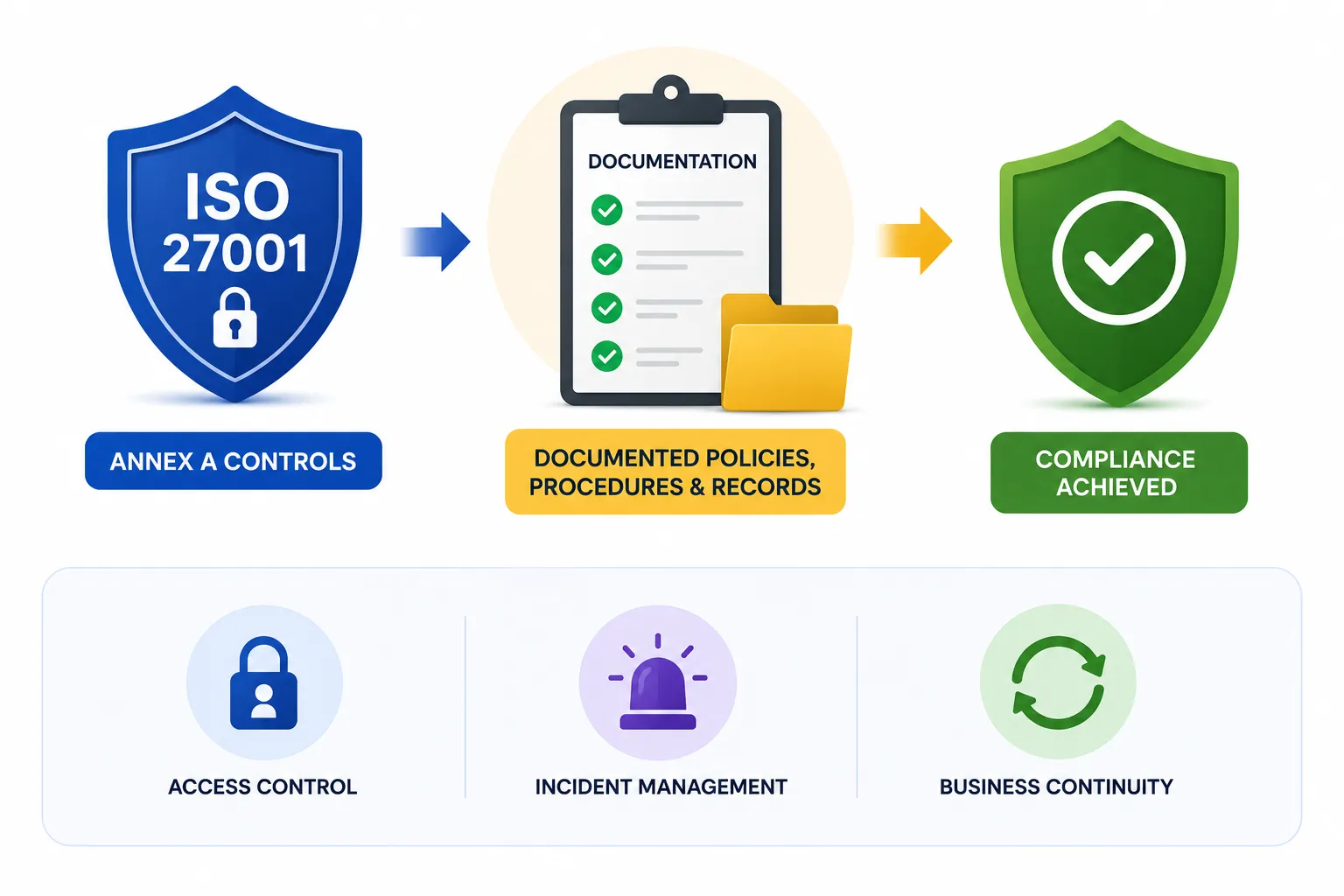 Infographic illustrating the ISO 27001 compliance process, showing Annex A controls, documented policies, procedures and records, and compliance achievement. Includes key information security management elements such as access control, incident management, and business continuity.