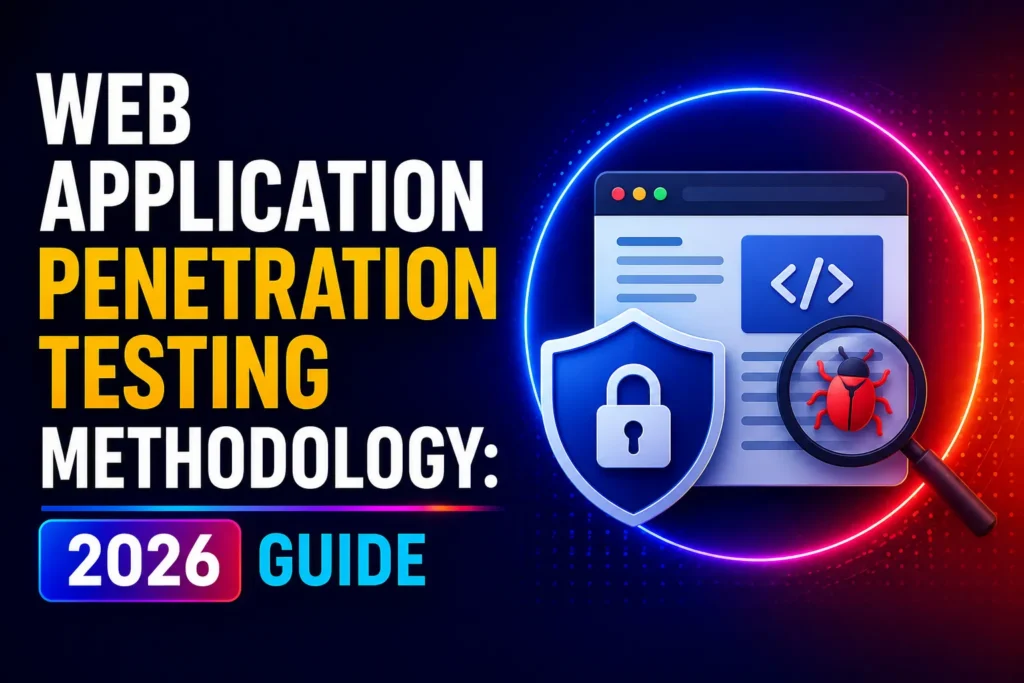 Digital illustration of a web application security concept showing a browser window, coding icon, shield, and magnifying glass highlighting a bug. Represents the methodology for performing web application penetration testing, emphasizing security, vulnerability assessment, and best practices for Australian businesses in 2026.