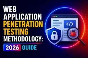 Digital illustration of a web application security concept showing a browser window, coding icon, shield, and magnifying glass highlighting a bug. Represents the methodology for performing web application penetration testing, emphasizing security, vulnerability assessment, and best practices for Australian businesses in 2026.