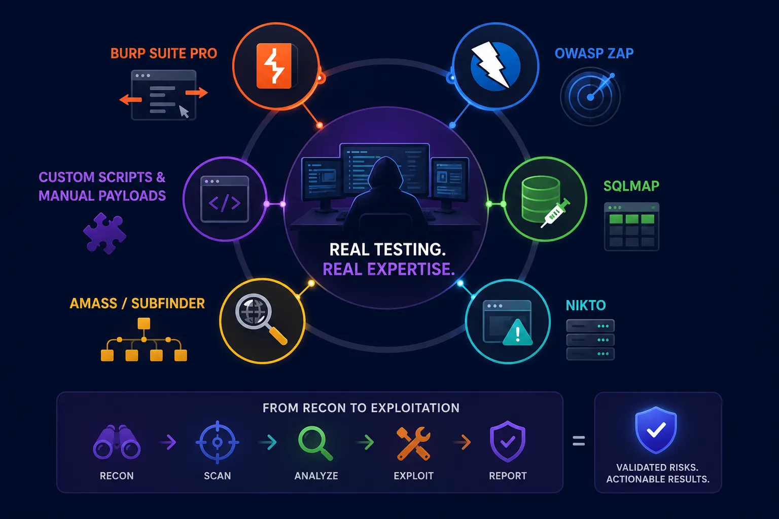 Cybersecurity infographic showing a web application penetration testing workflow using tools such as Burp Suite Pro, OWASP ZAP, SQLMap, Nikto, Amass, Subfinder, and custom scripts. Illustrates the testing process from reconnaissance, scanning, and analysis to exploitation and reporting, delivering validated security risks and actionable results.