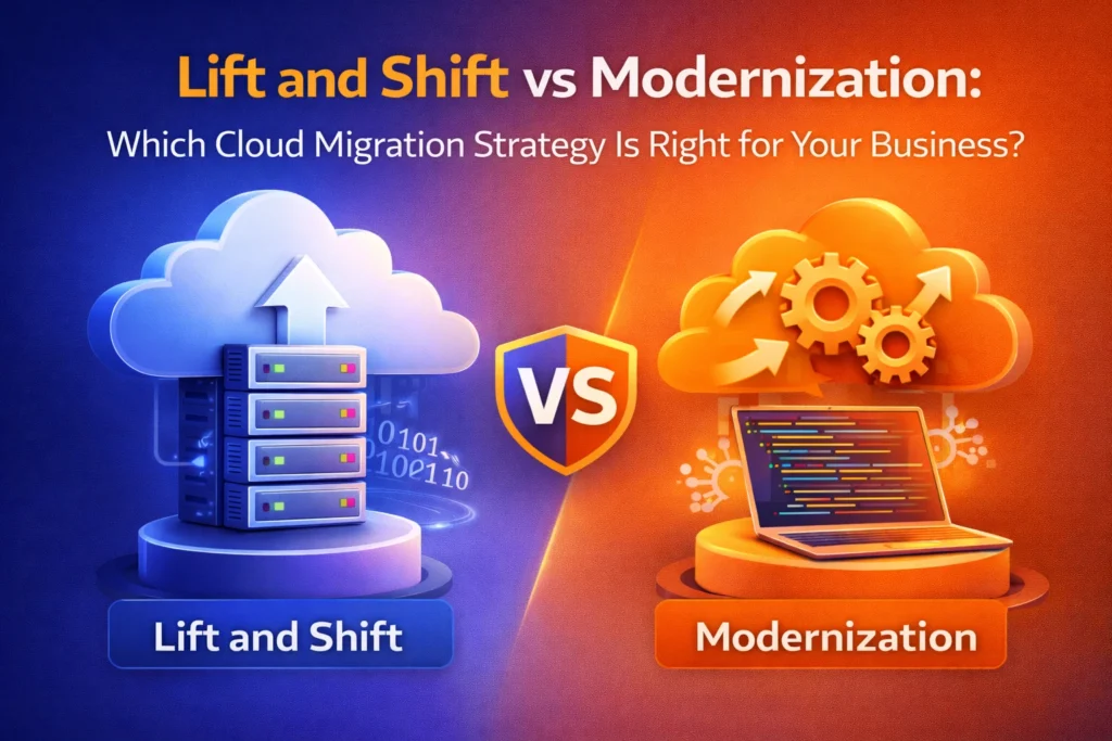 An illustration comparing two cloud migration strategies: "Lift and Shift" with a server stack inside a cloud, and "Modernization" with gears inside a cloud and a laptop displaying code. A "VS" shield separates the two strategies.