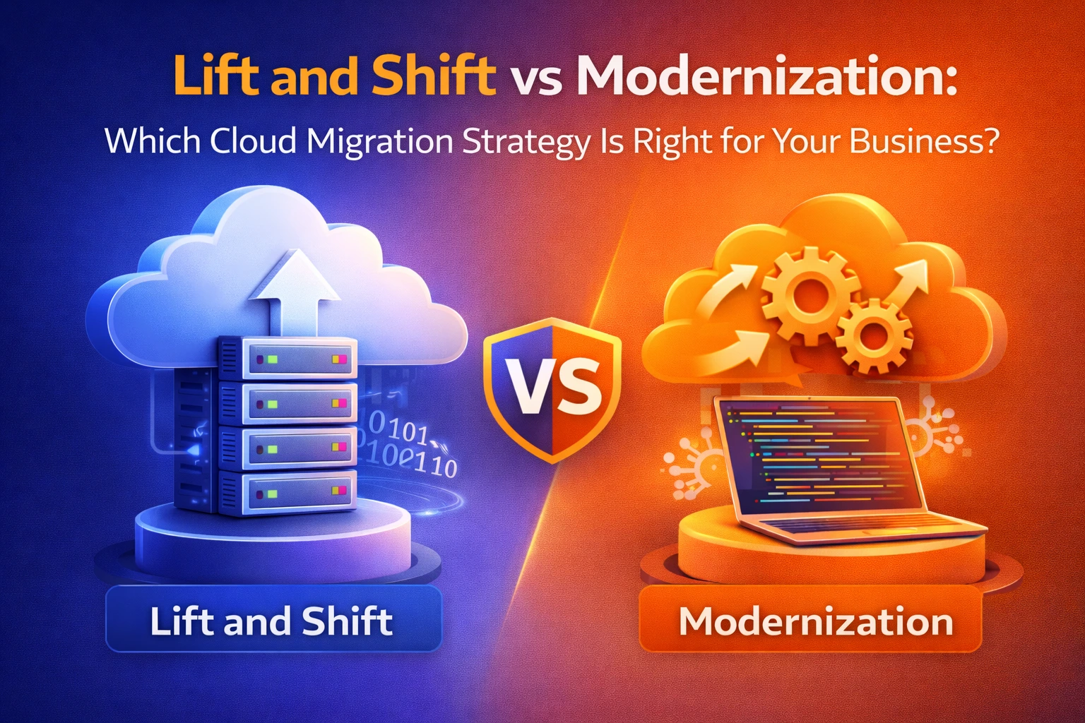 An illustration comparing two cloud migration strategies: "Lift and Shift" with a server stack inside a cloud, and "Modernization" with gears inside a cloud and a laptop displaying code. A "VS" shield separates the two strategies.
