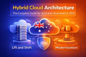 An illustration comparing two cloud migration strategies, "Lift and Shift" and "Modernization", with the Australian flag in the middle. The Lift and Shift cloud shows server racks, while the Modernization cloud features databases and cloud storage. A shield separates the two strategies.
