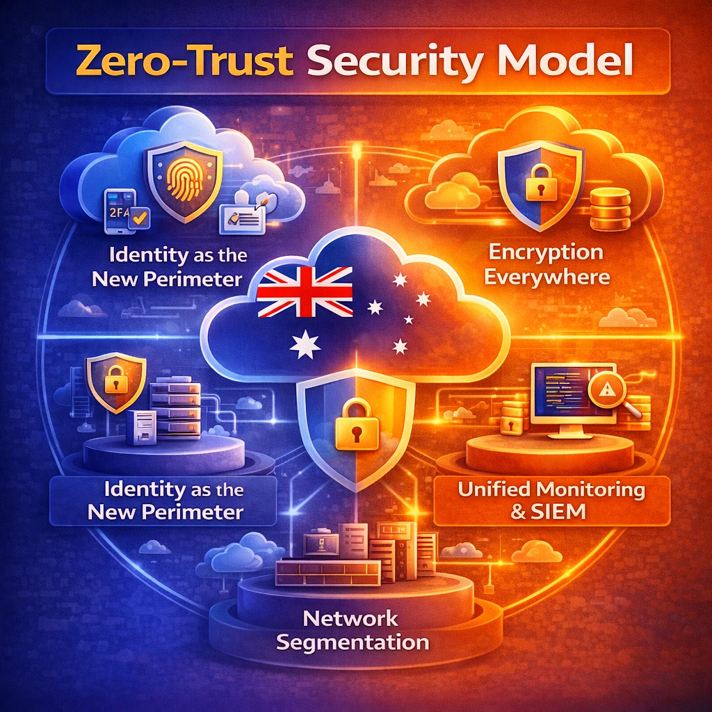 An illustration representing a Zero-Trust security model, with key concepts like "Identity as the New Perimeter," "Encryption Everywhere," and "Unified Monitoring & SIEM," all connected in a cloud-based network. The Australian flag is central to the design, highlighting the security elements like encryption, identity, and segmentation.
